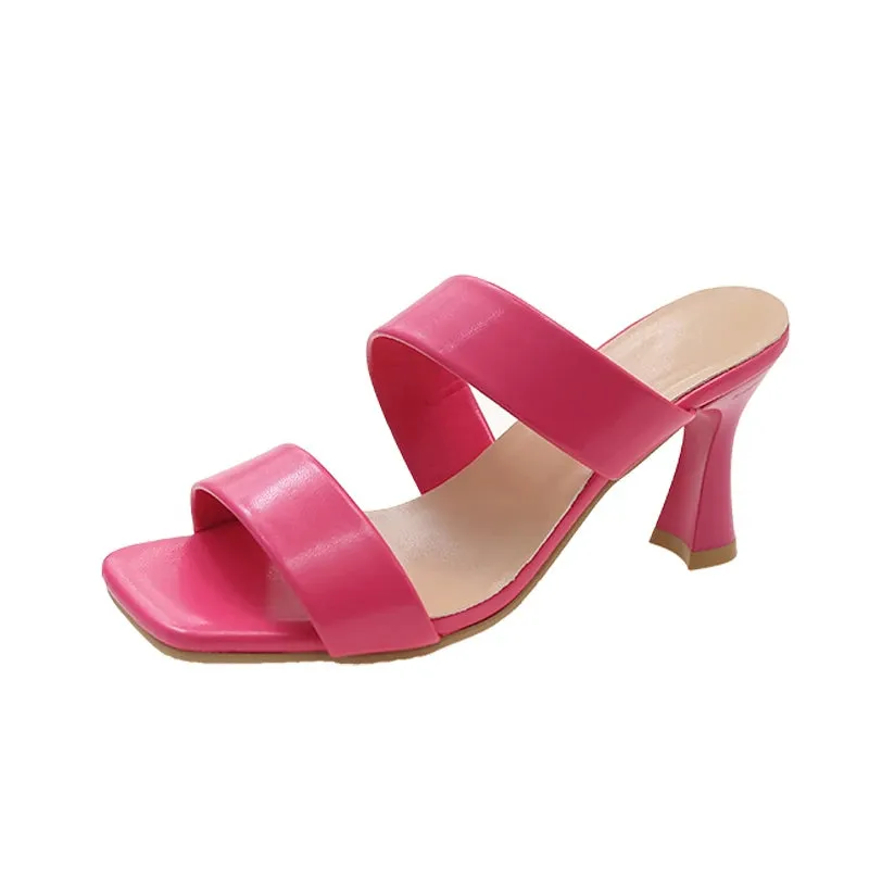 8cm Thin Heels Slides Square Toe Straps Sandals