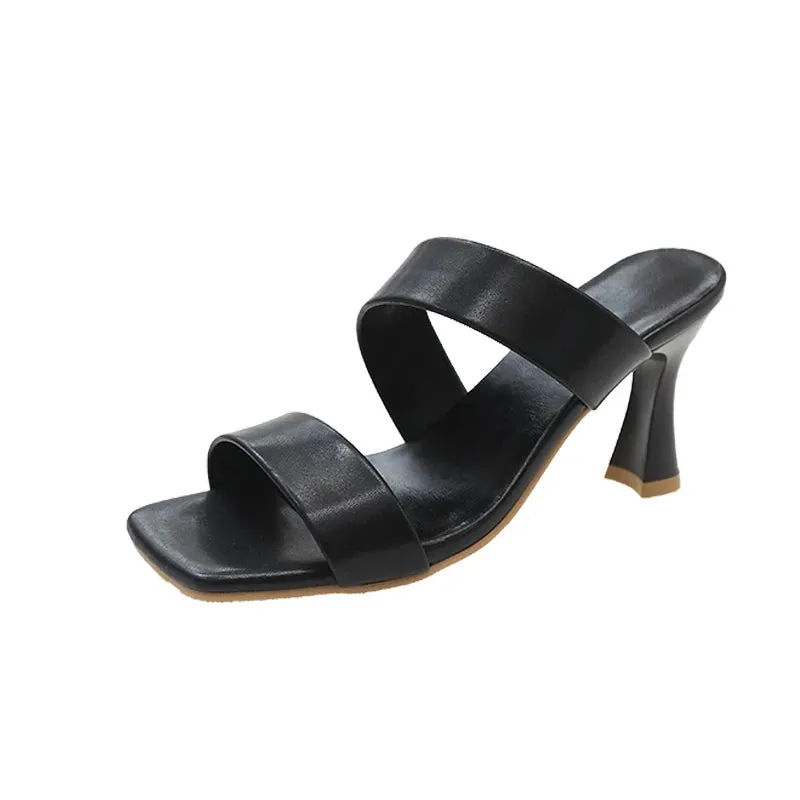 8cm Thin Heels Slides Square Toe Straps Sandals