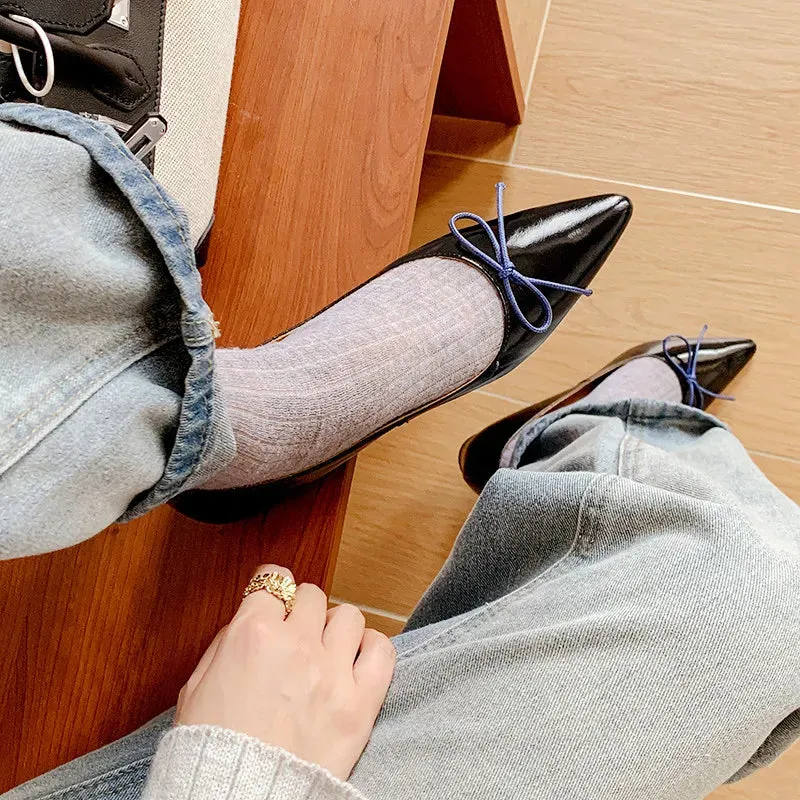 binfenxie  -  Fashion Women's Shoes New High Quality True Leather Pointed Bow Shallow Heel Leather Shoes Daily Lightweight Shoes
