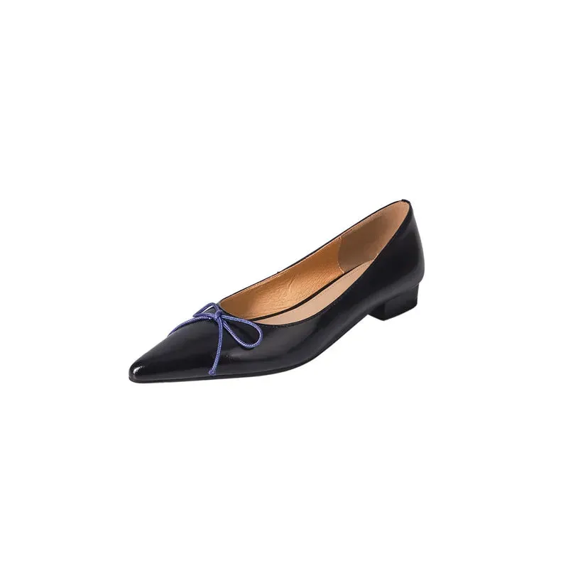 binfenxie  -  Fashion Women's Shoes New High Quality True Leather Pointed Bow Shallow Heel Leather Shoes Daily Lightweight Shoes