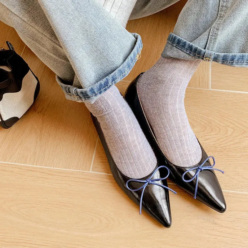 binfenxie  -  Fashion Women's Shoes New High Quality True Leather Pointed Bow Shallow Heel Leather Shoes Daily Lightweight Shoes