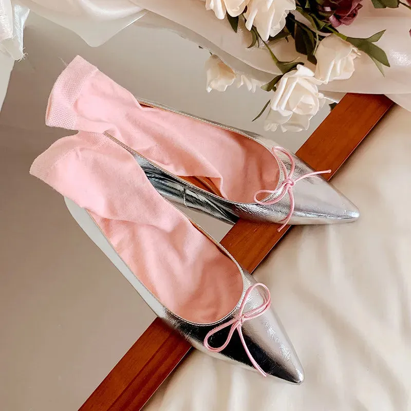 binfenxie  -  Fashion Women's Shoes New High Quality True Leather Pointed Bow Shallow Heel Leather Shoes Daily Lightweight Shoes