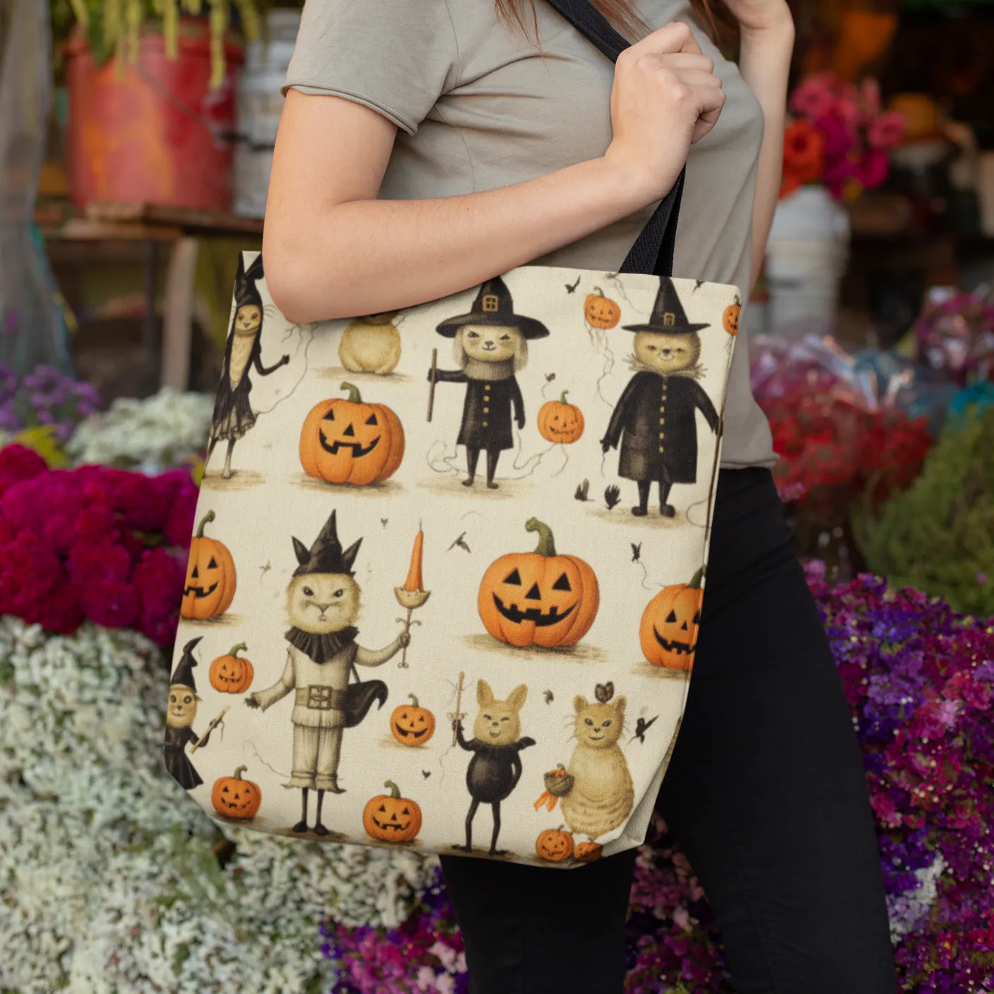 Cats and Pumpkins Halloween Tote Bag, Halloween Tote, Halloween Tote Bags, Tote bag Mockup Halloween, Tote Bags Halloween, Halloween Tote Witch, Pumpkin Tote