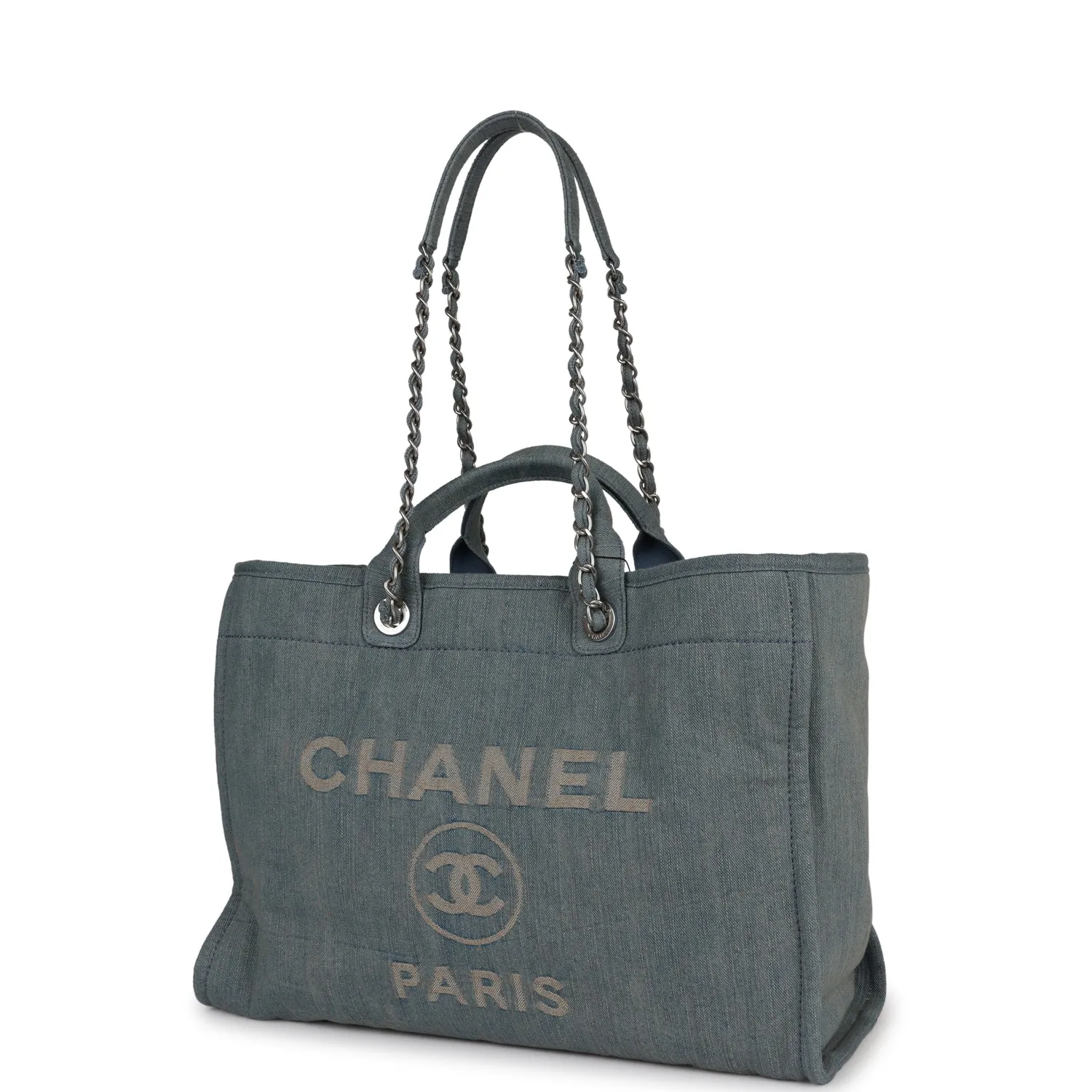 Chanel Large Deauville Shopping Bag Distressed Blue Denim Silver Hardware