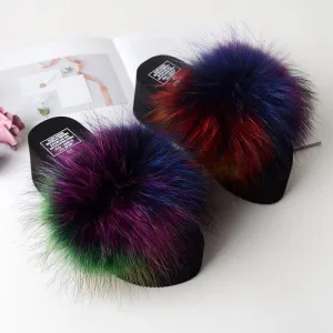 Chicvane Womens Colourfou Fox Fur Open Toe Fluffy Platform Slide Sleeper