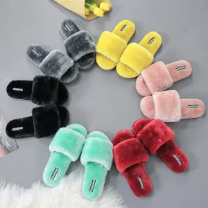 Chicvane Womens Solid Faux Fur Open Toe Fluffy Slide On House Slipper