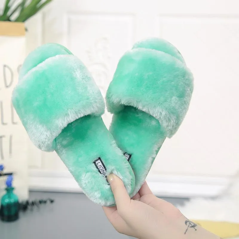 Chicvane Womens Solid Faux Fur Open Toe Fluffy Slide On House Slipper