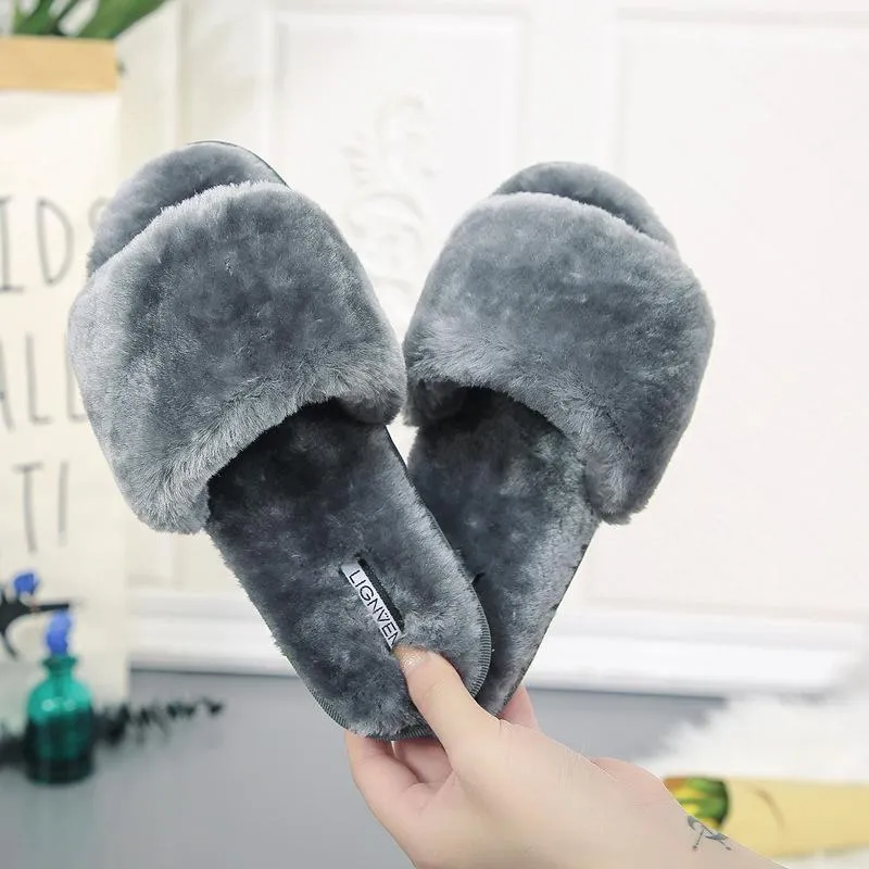 Chicvane Womens Solid Faux Fur Open Toe Fluffy Slide On House Slipper