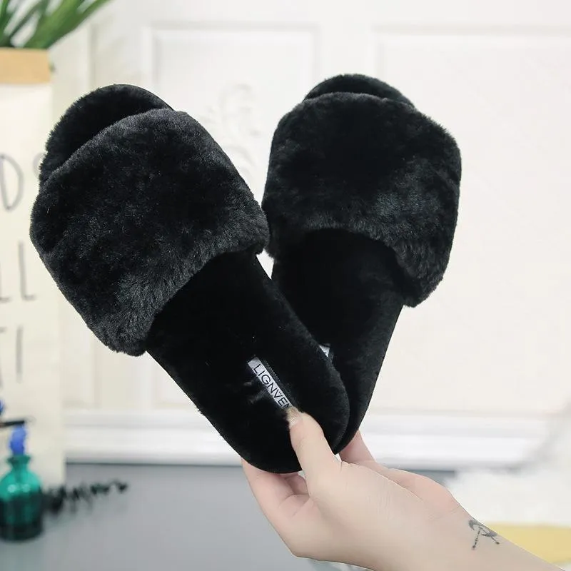 Chicvane Womens Solid Faux Fur Open Toe Fluffy Slide On House Slipper