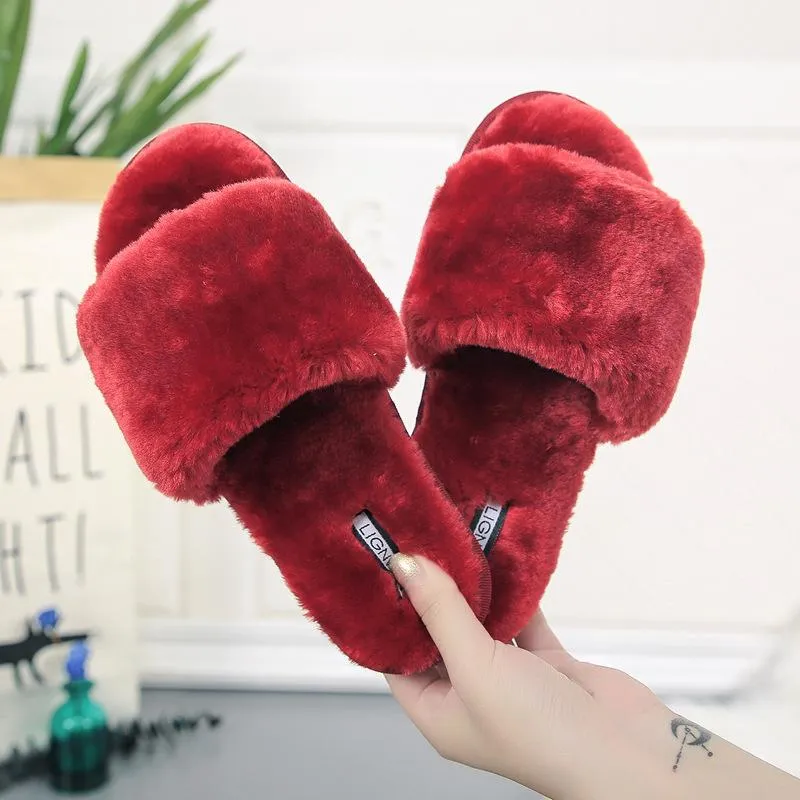 Chicvane Womens Solid Faux Fur Open Toe Fluffy Slide On House Slipper