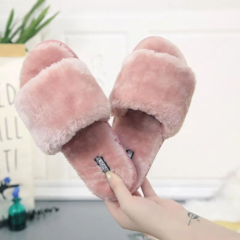 Chicvane Womens Solid Faux Fur Open Toe Fluffy Slide On House Slipper