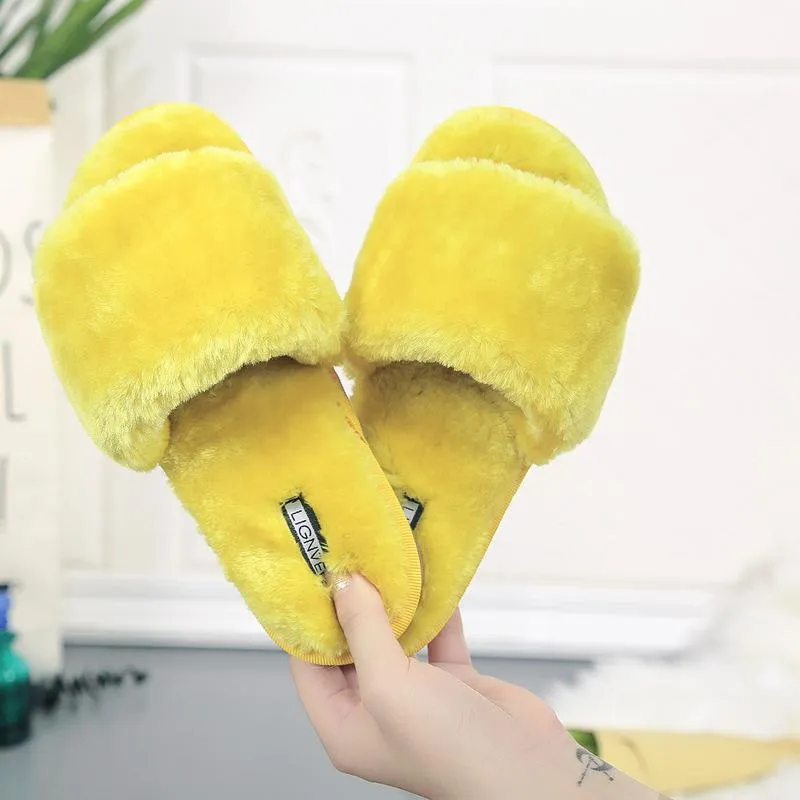 Chicvane Womens Solid Faux Fur Open Toe Fluffy Slide On House Slipper