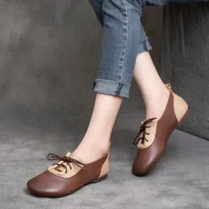 Color-Block Lace-Up Flat Leather Shoes