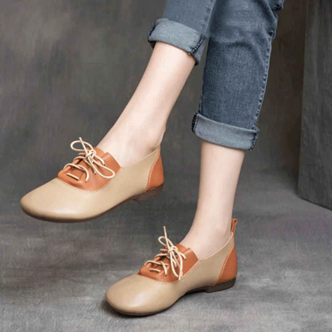 Color-Block Lace-Up Flat Leather Shoes