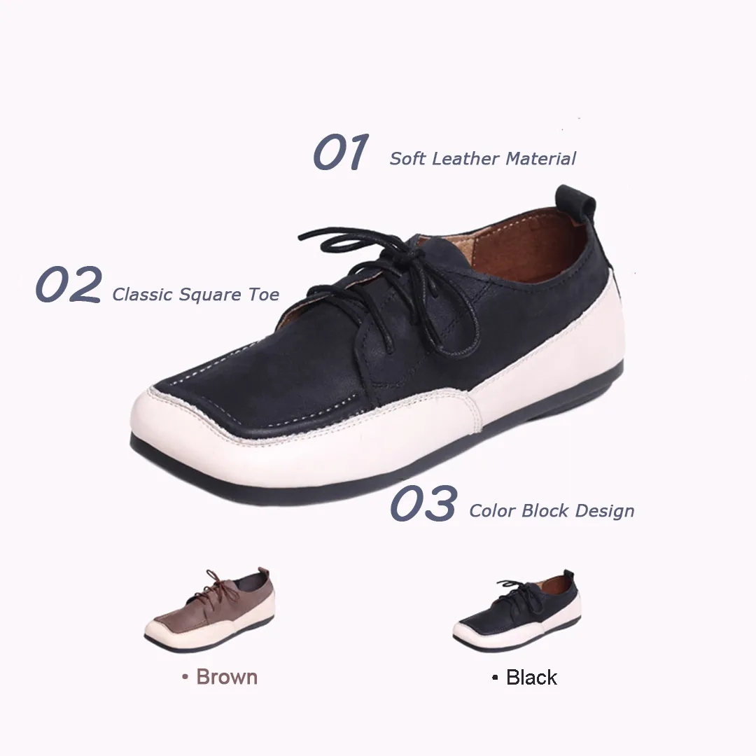 Color Block Square Toe Lace Up Flat Shoes