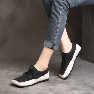 Color Block Square Toe Lace Up Flat Shoes