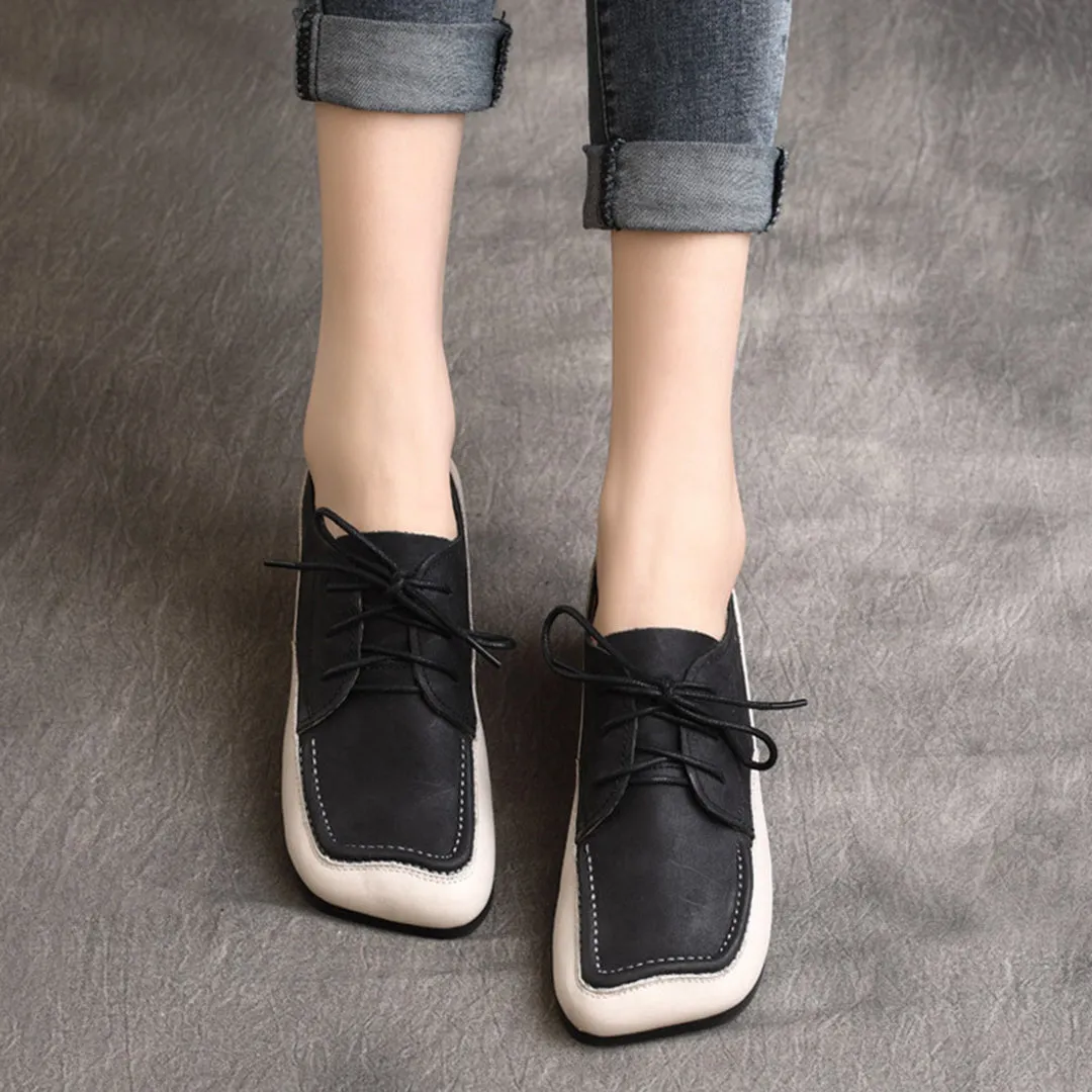 Color Block Square Toe Lace Up Flat Shoes