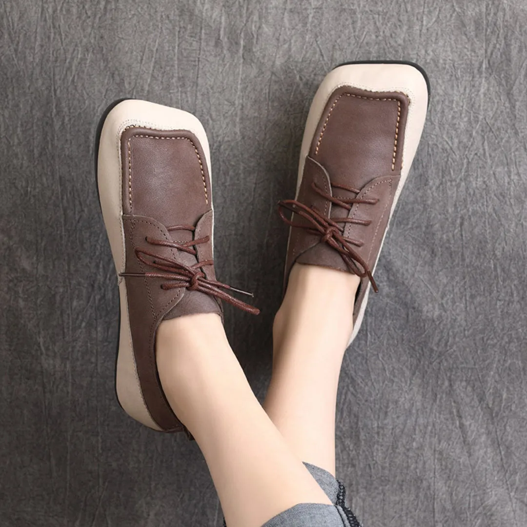 Color Block Square Toe Lace Up Flat Shoes