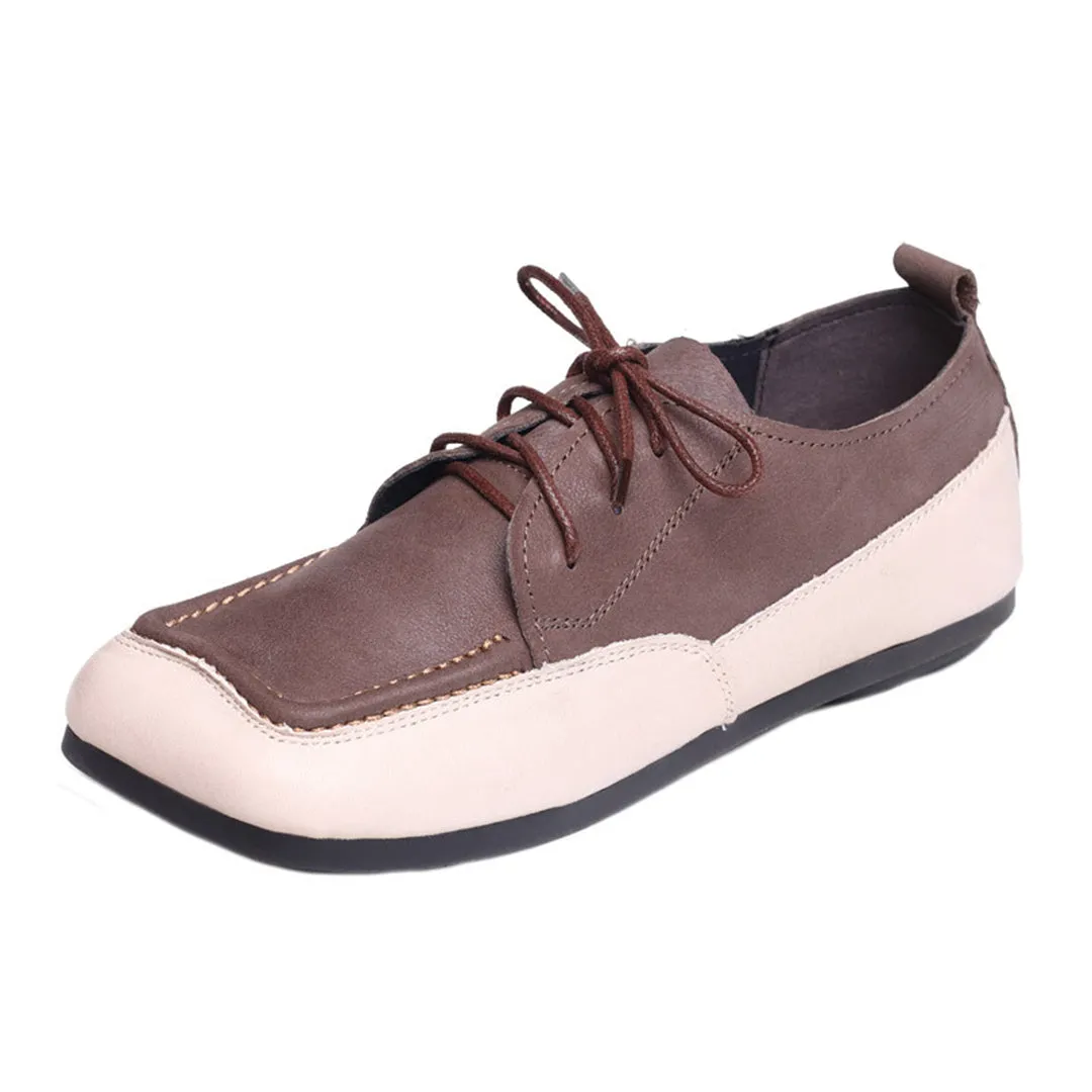 Color Block Square Toe Lace Up Flat Shoes