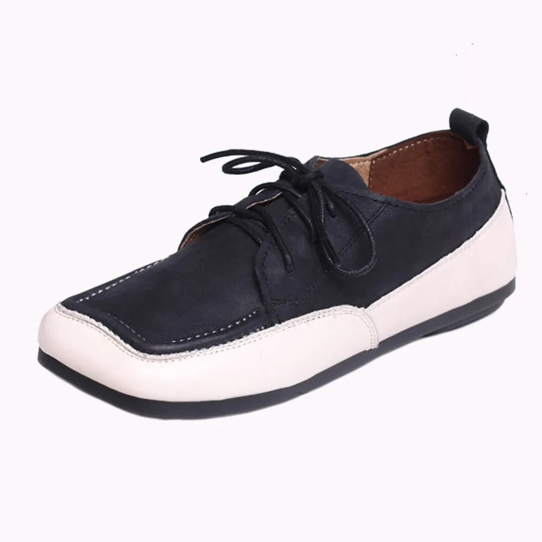 Color Block Square Toe Lace Up Flat Shoes