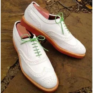 Handmade Men’s Oxford White Leather With Brogue Toe Dress Formal Shoes
