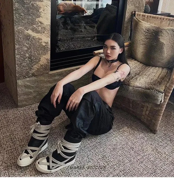 High top sneakers wrapped up thick tied laces