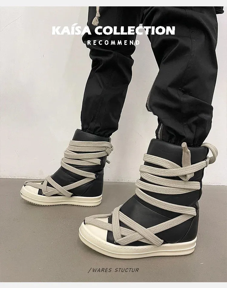 High top sneakers wrapped up thick tied laces