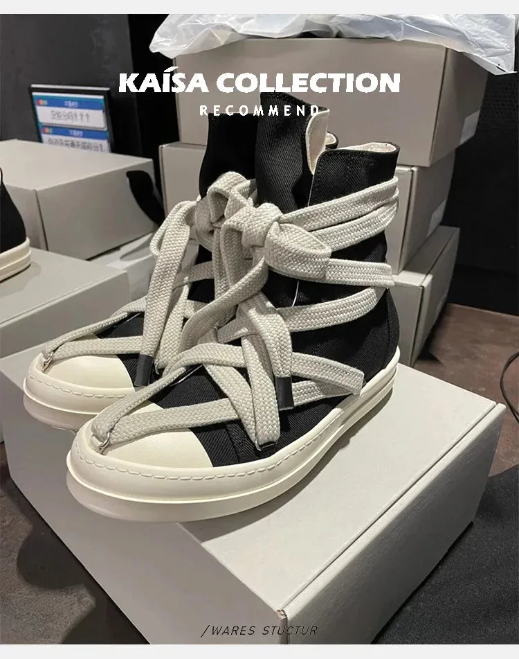 High top sneakers wrapped up thick tied laces