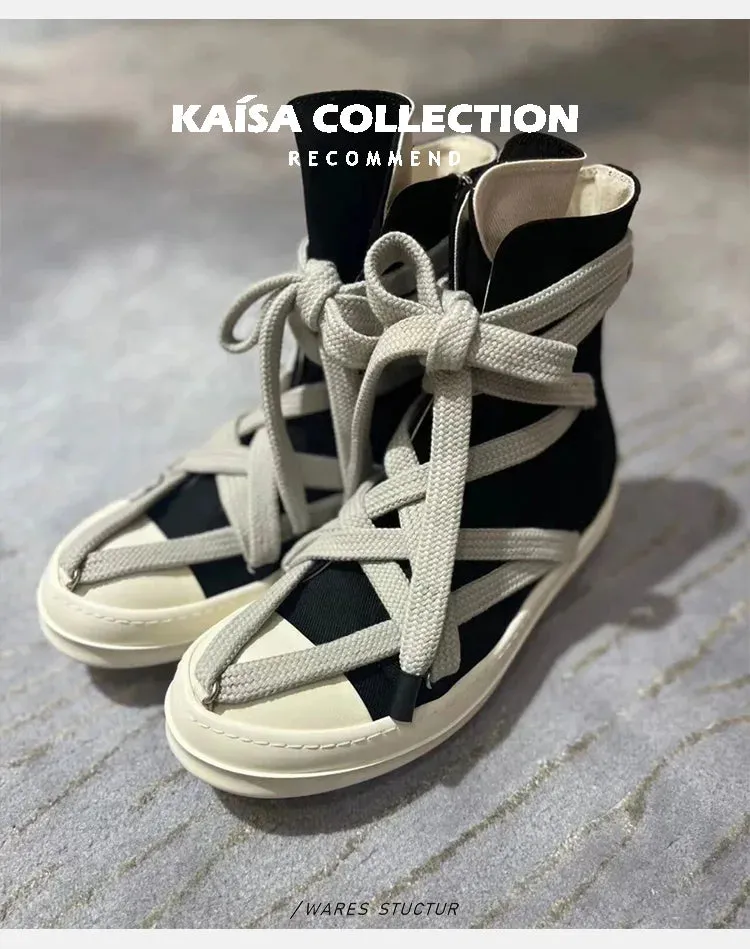High top sneakers wrapped up thick tied laces