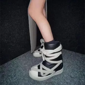 High top sneakers wrapped up thick tied laces
