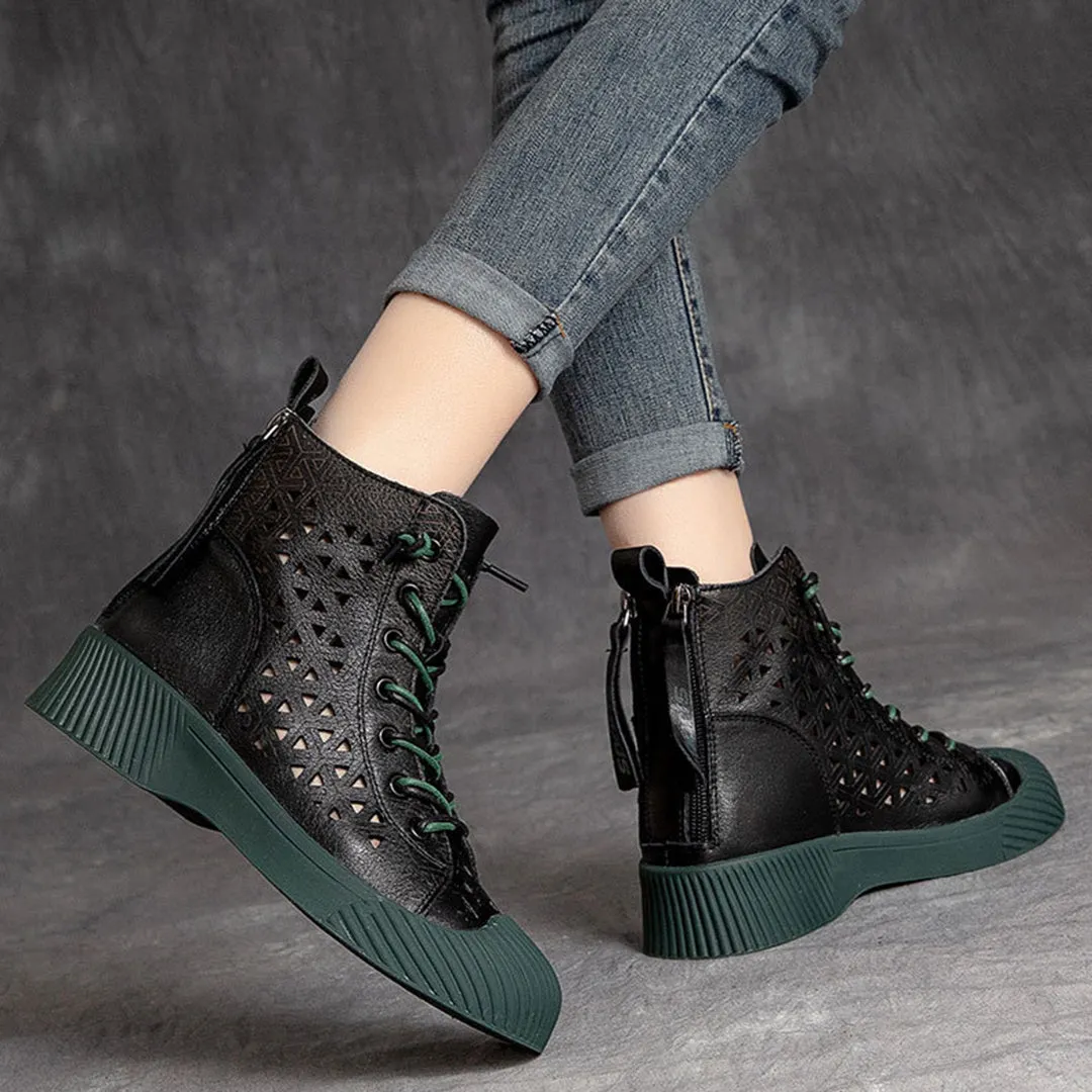 Hollow Out Lace Up Leather Boots