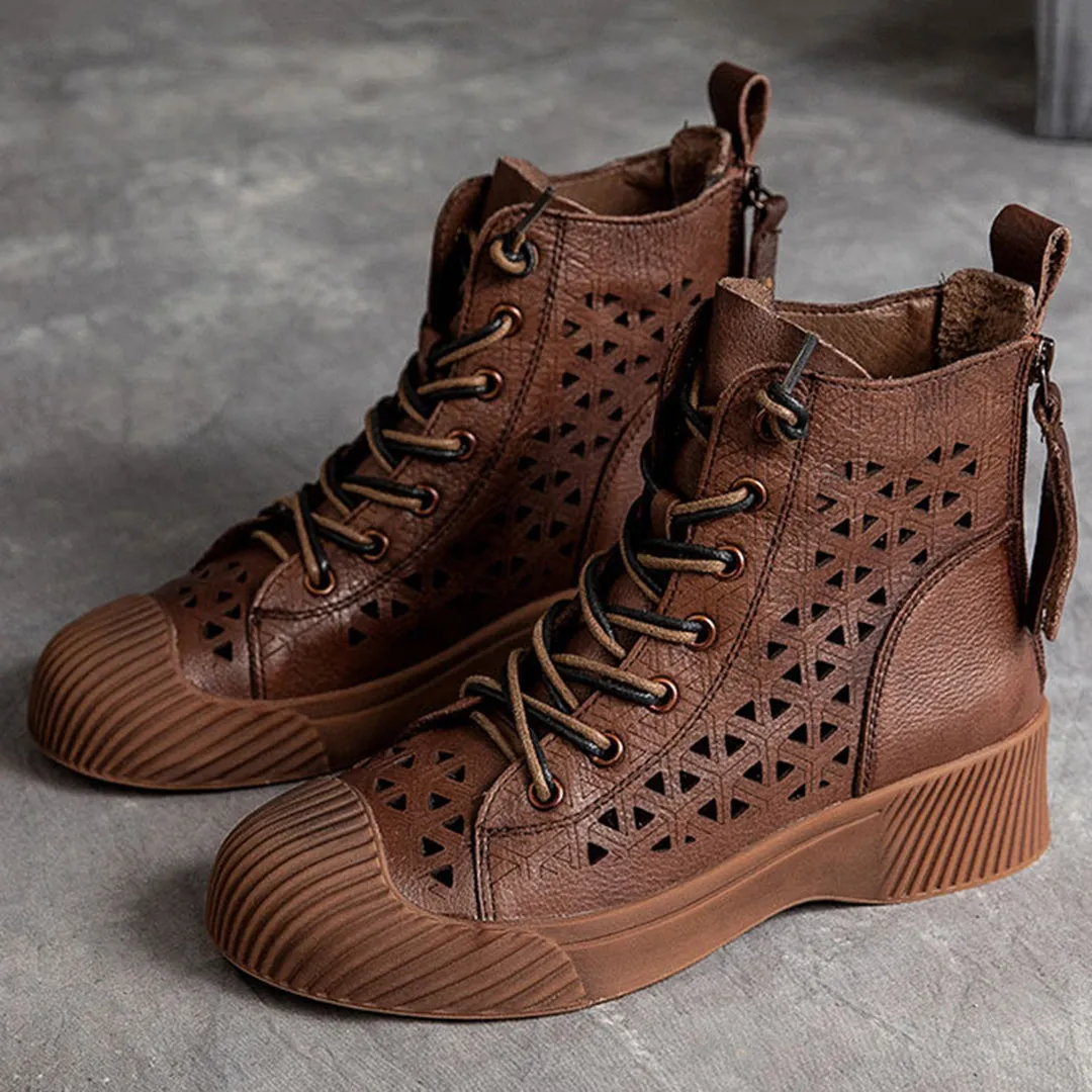 Hollow Out Lace Up Leather Boots