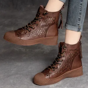 Hollow Out Lace Up Leather Boots