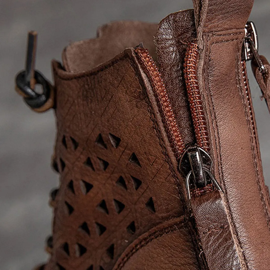 Hollow Out Lace Up Leather Boots