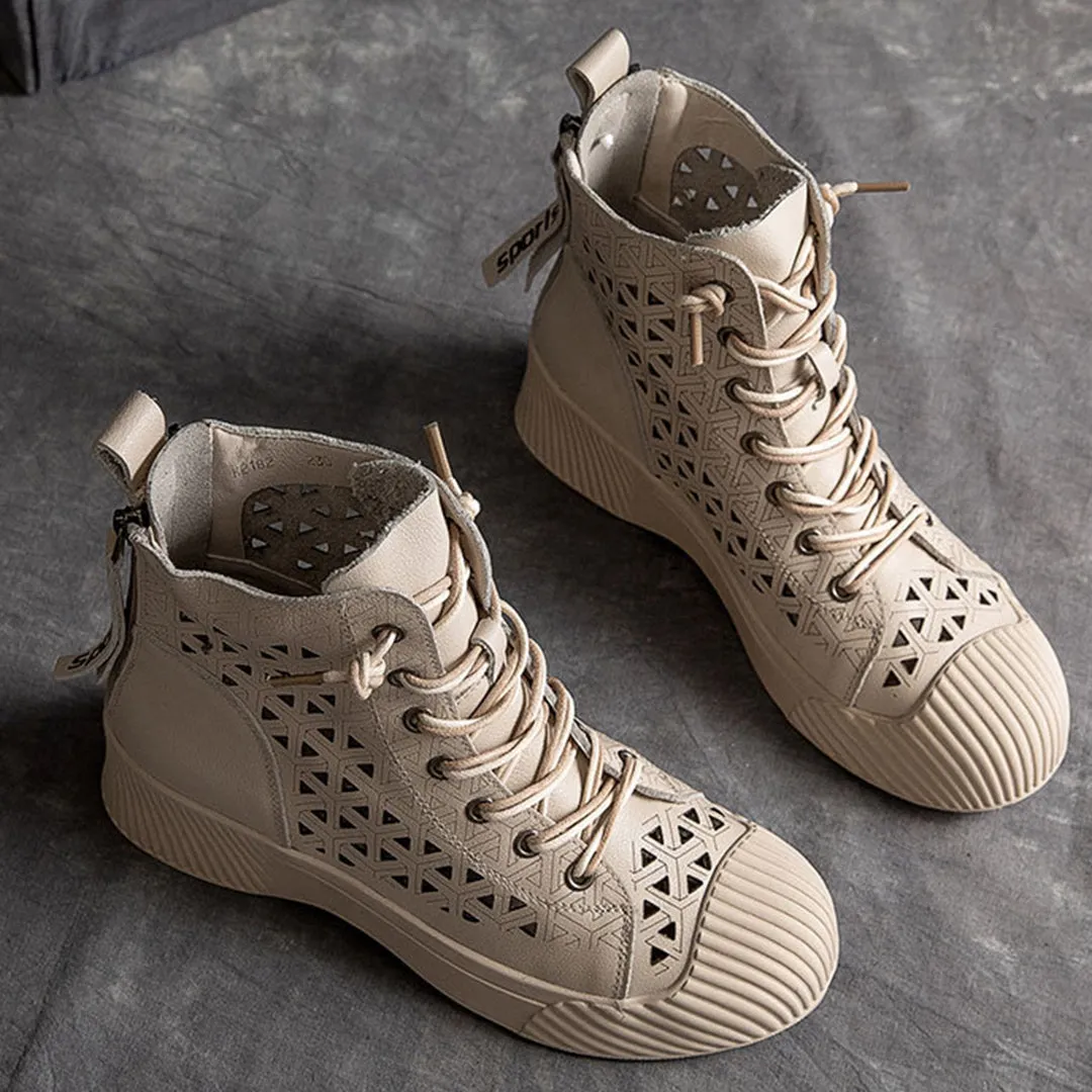 Hollow Out Lace Up Leather Boots