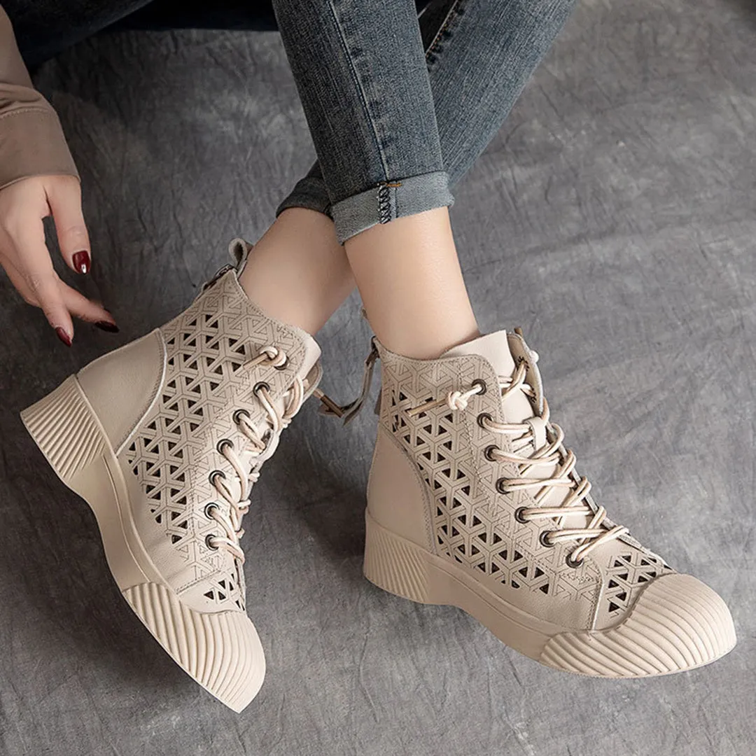 Hollow Out Lace Up Leather Boots