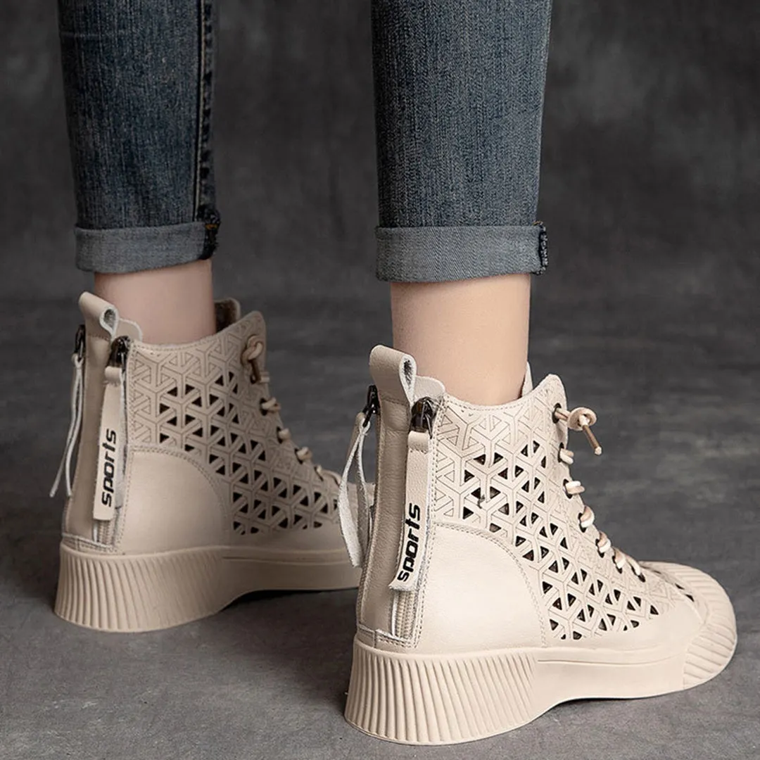 Hollow Out Lace Up Leather Boots