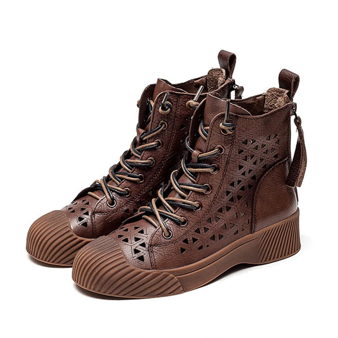 Hollow Out Lace Up Leather Boots