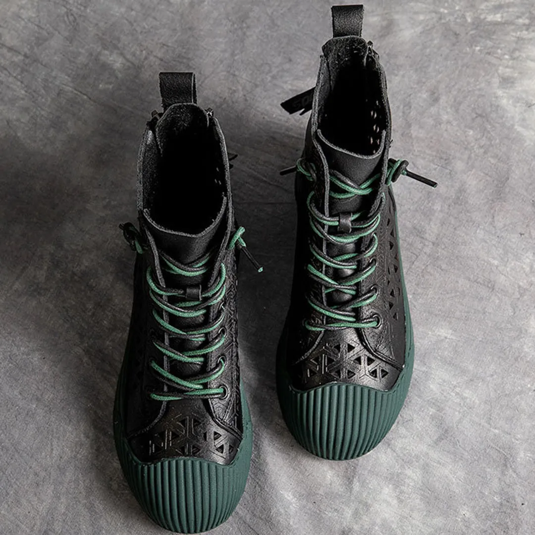 Hollow Out Lace Up Leather Boots