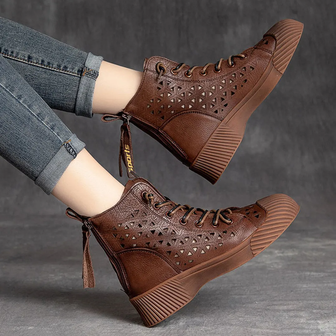 Hollow Out Lace Up Leather Boots