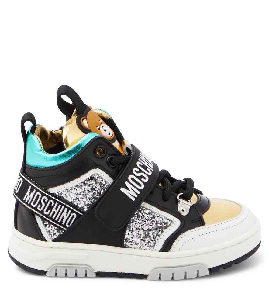 Leather high top sneakers with Moschino logo, multicolor