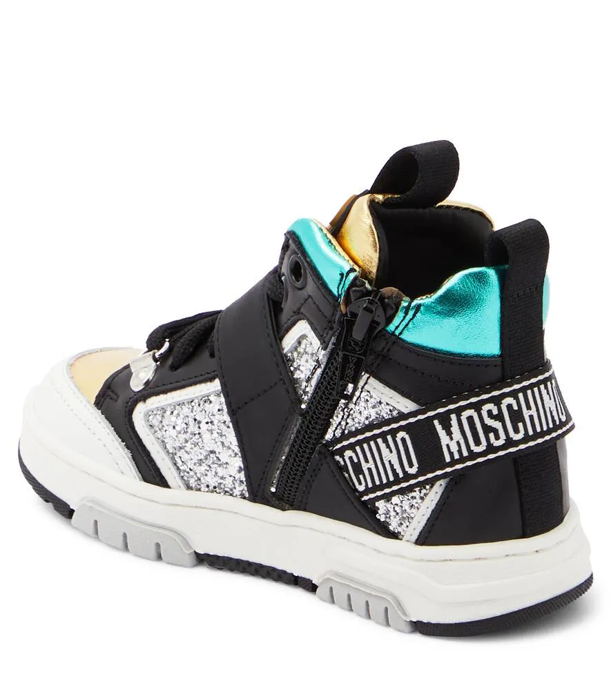 Leather high top sneakers with Moschino logo, multicolor