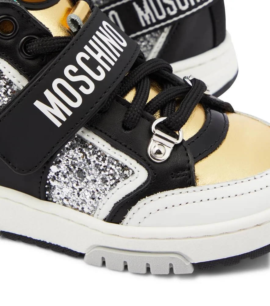Leather high top sneakers with Moschino logo, multicolor