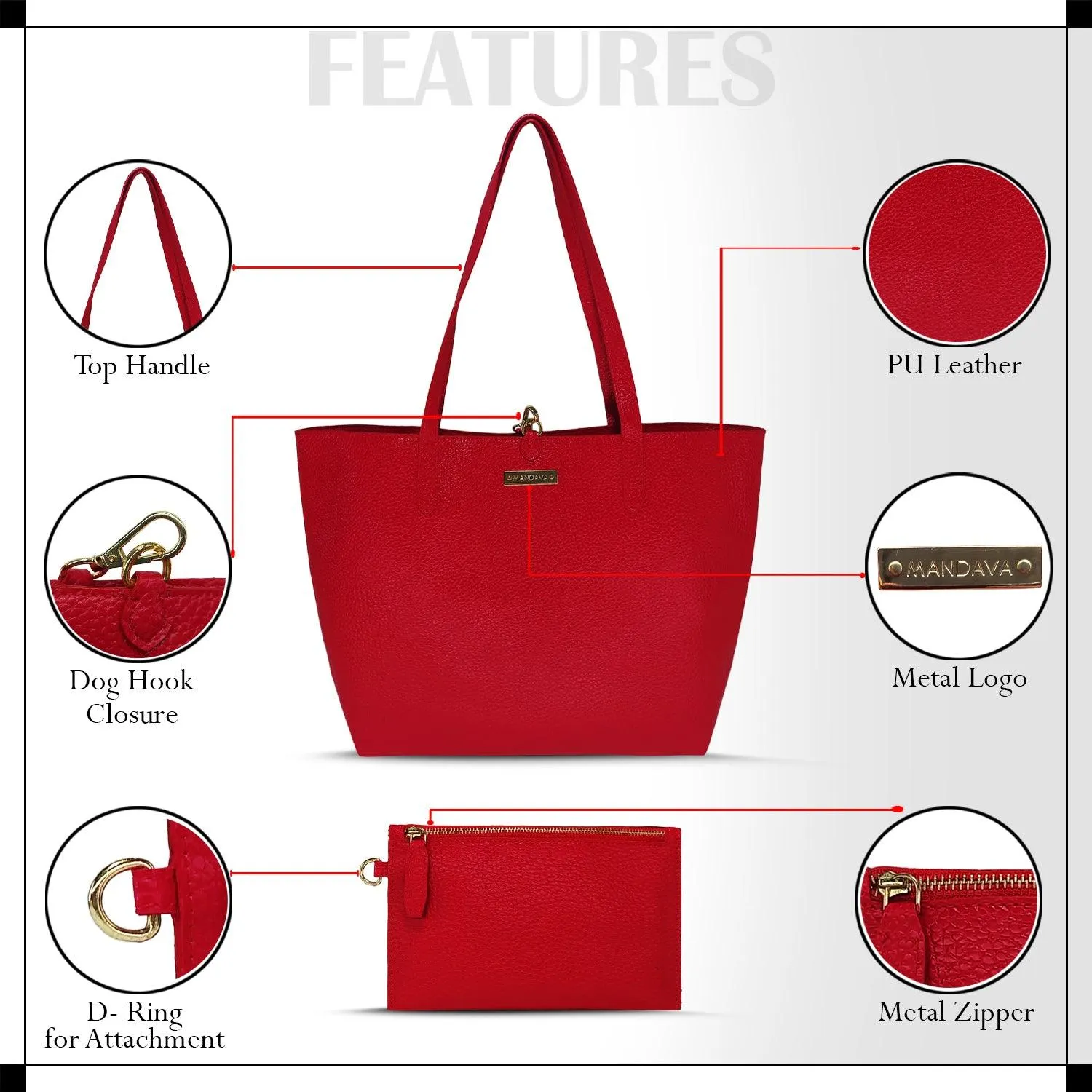 MANDAVA Women's/Ladies Top Handle PU Leather Tote Bag, Handbag with Detachable Cosmetic Pouch (Cherry Red)