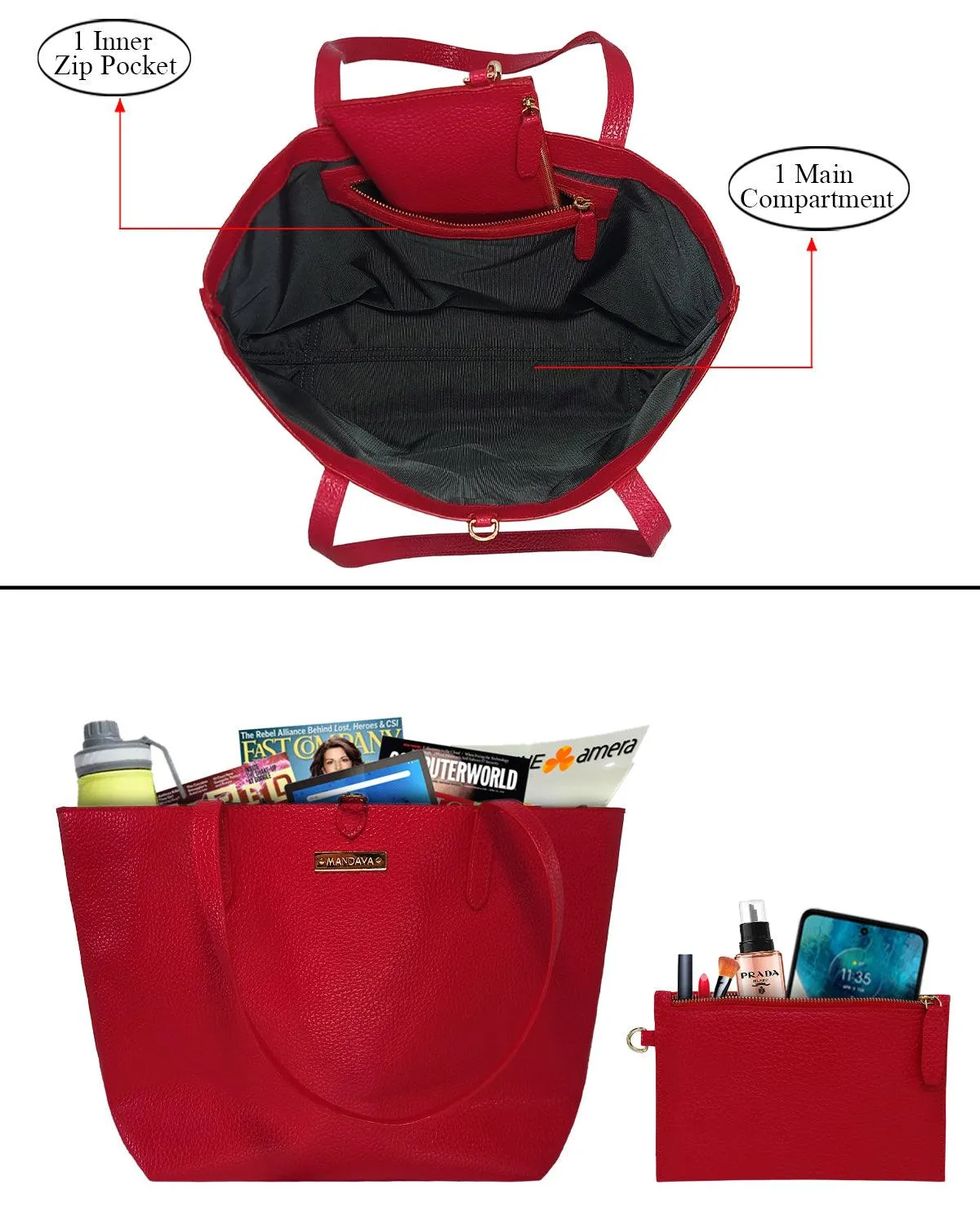 MANDAVA Women's/Ladies Top Handle PU Leather Tote Bag, Handbag with Detachable Cosmetic Pouch (Cherry Red)
