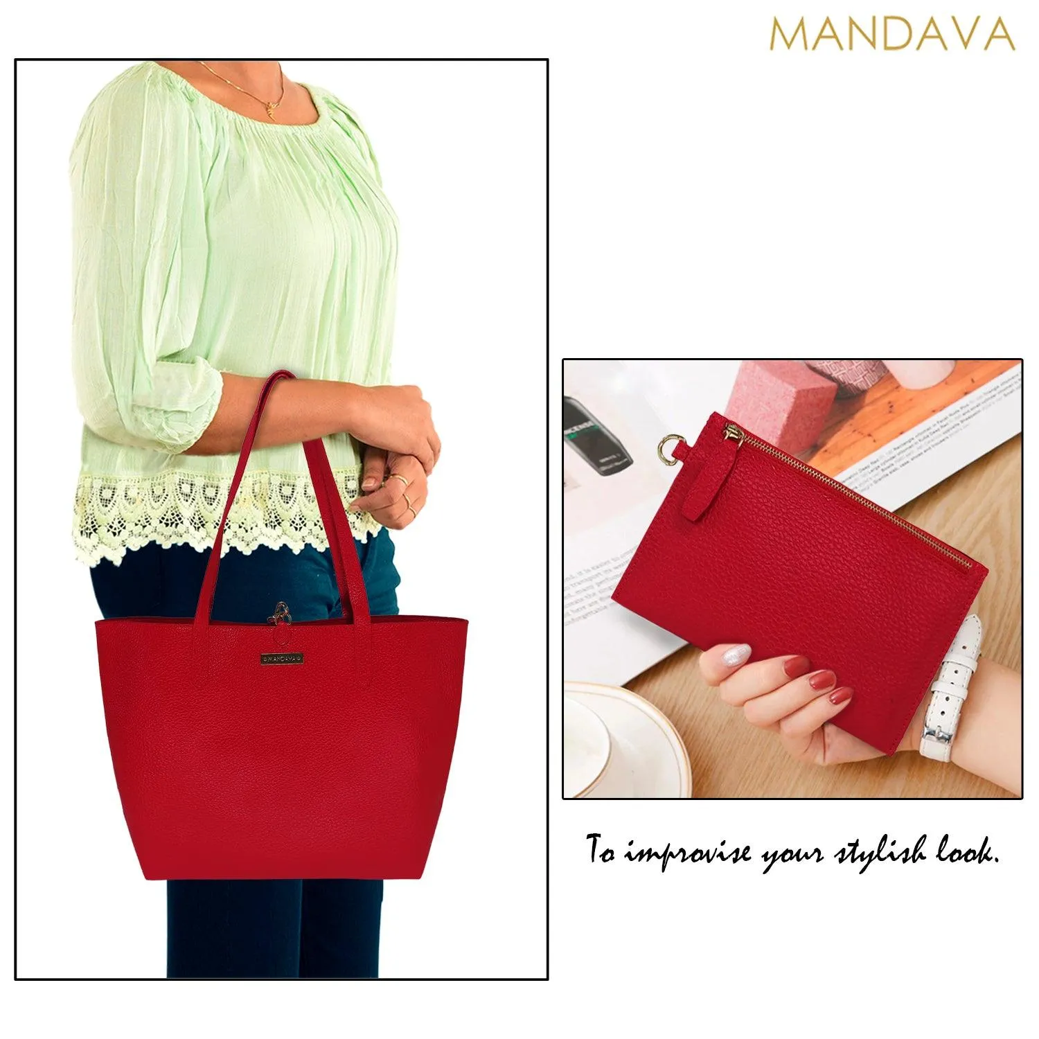 MANDAVA Women's/Ladies Top Handle PU Leather Tote Bag, Handbag with Detachable Cosmetic Pouch (Cherry Red)