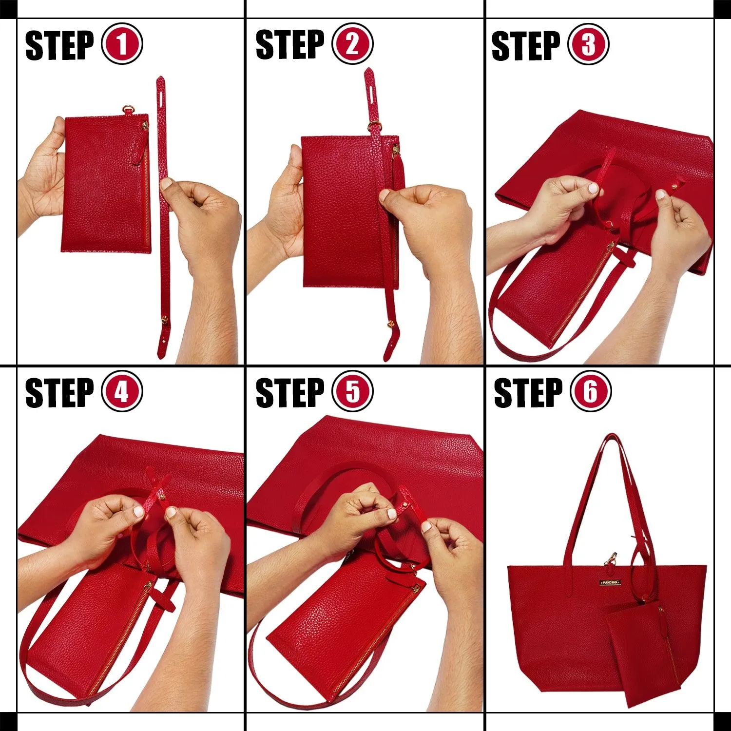 MANDAVA Women's/Ladies Top Handle PU Leather Tote Bag, Handbag with Detachable Cosmetic Pouch (Cherry Red)