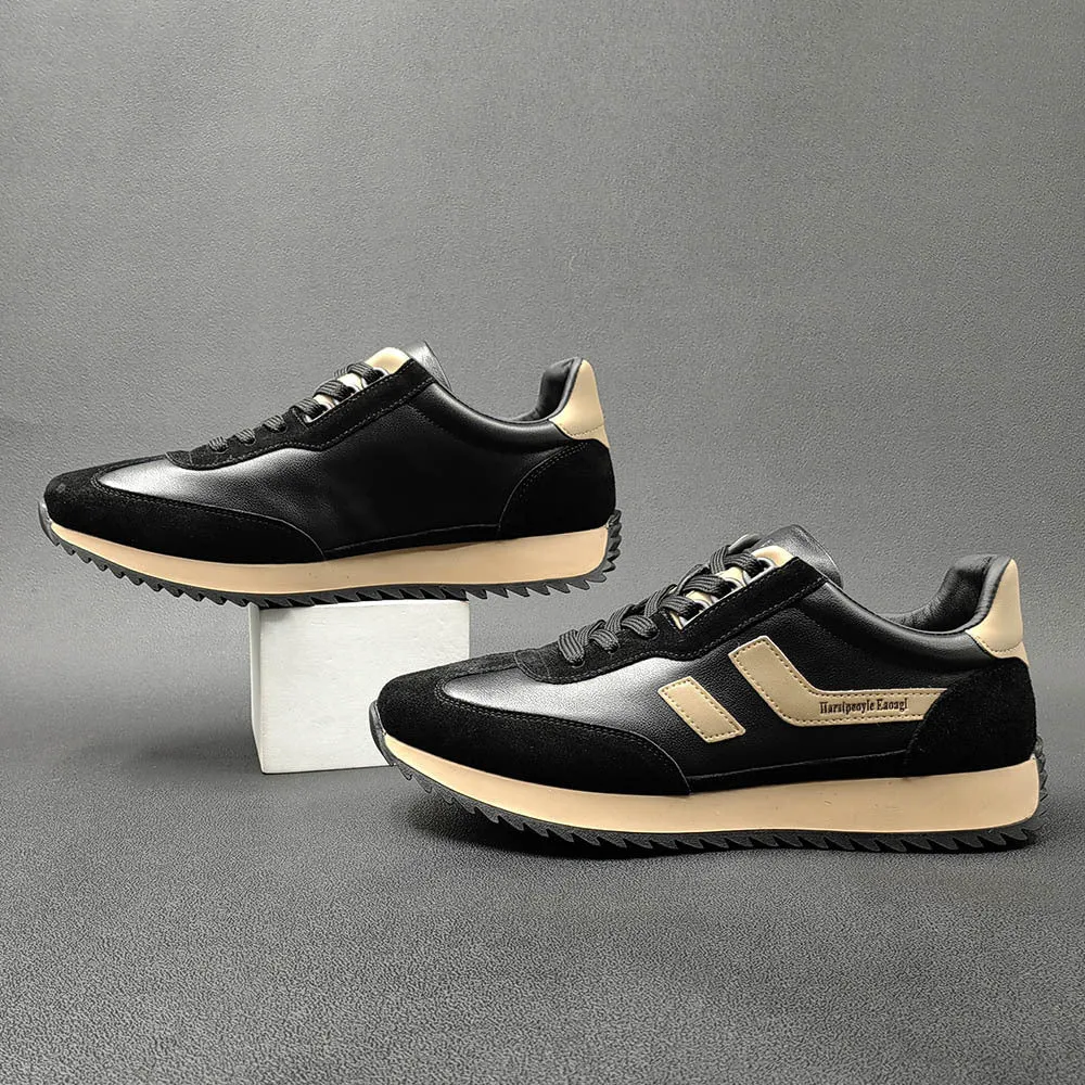 Men Fashion Patchwork Cowhide Flat Casual Sneakers