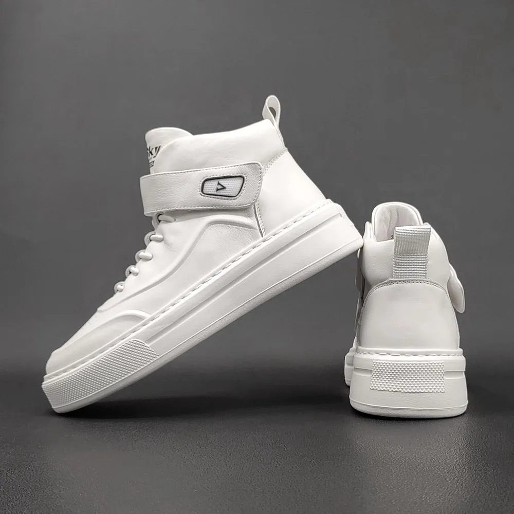 Men Minimalist Pure White High Top Leather Casual Shoes