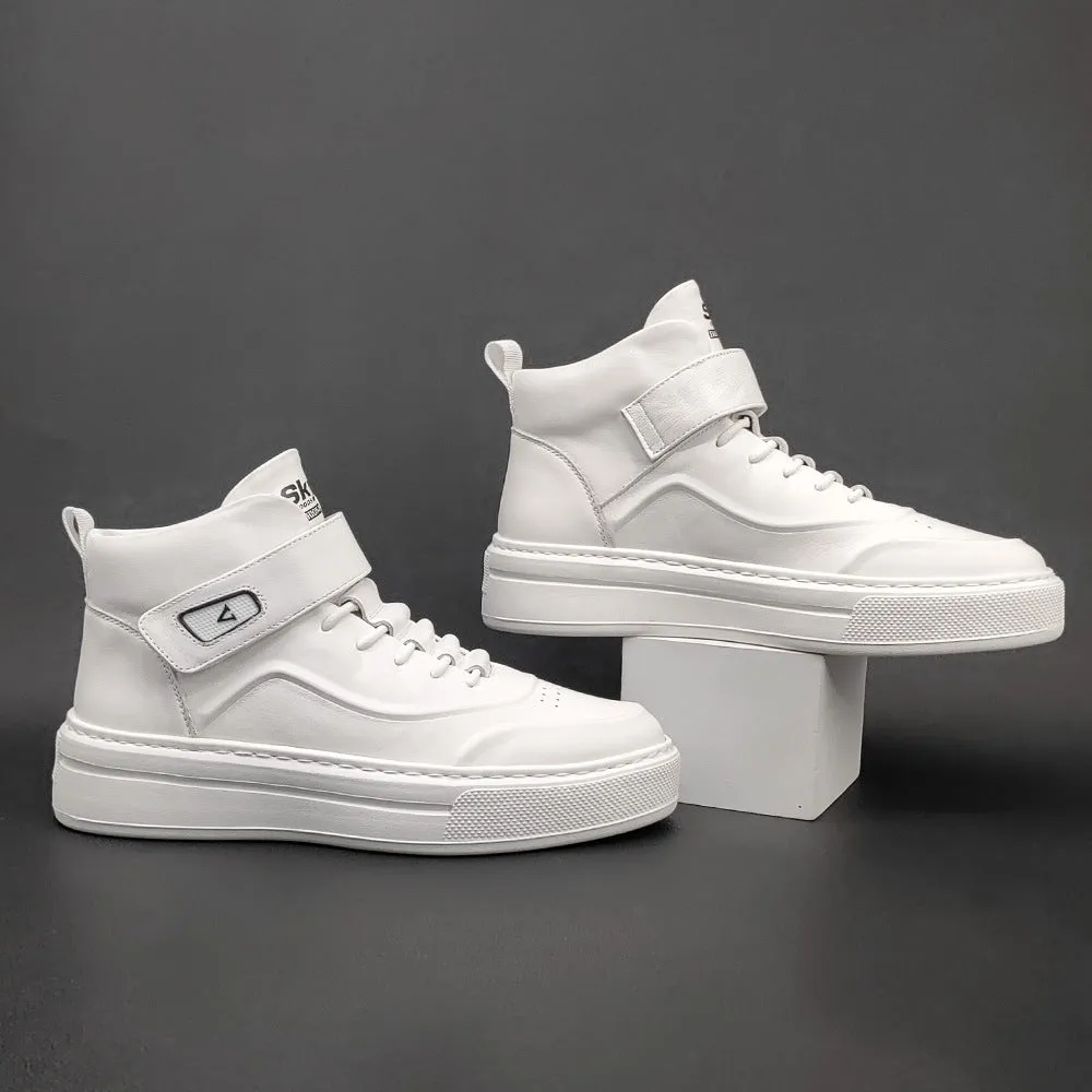 Men Minimalist Pure White High Top Leather Casual Shoes